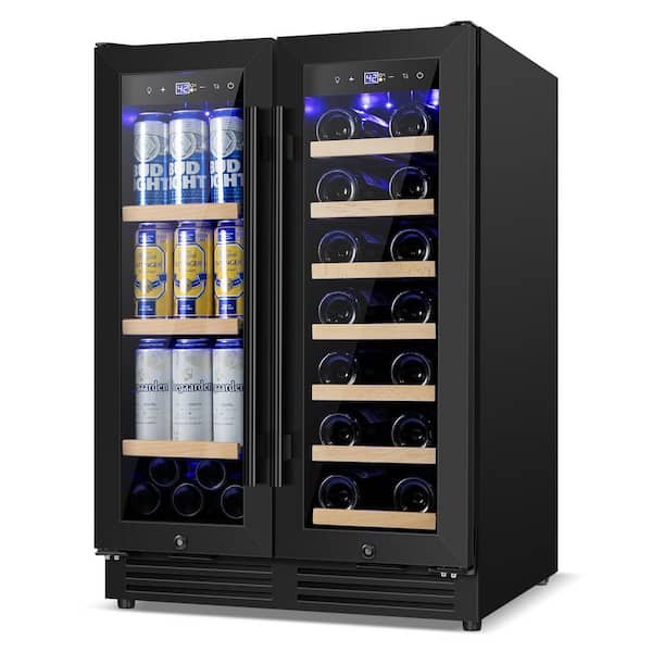 23.4 in. Dual Zone 25Plus Bottles and 85Plus Cans Wine and Beverage Cooler in Black Built-in Wine Refrigerator Blue LEDs