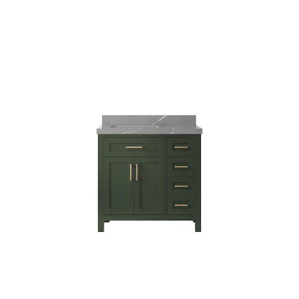 Willow Collections Cambridge 36 in. W x 22 in. D x 36 in. H Left Offset Sink Bath Vanity in Pewter Green with 2 in. Piatra Quartz Top