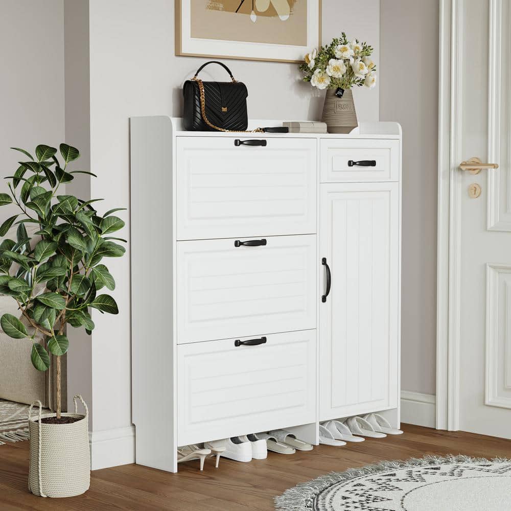 49 in. H x 47 in. W White 4 Doors Shoe Storage Cabinet with 3 Flip Drawers 