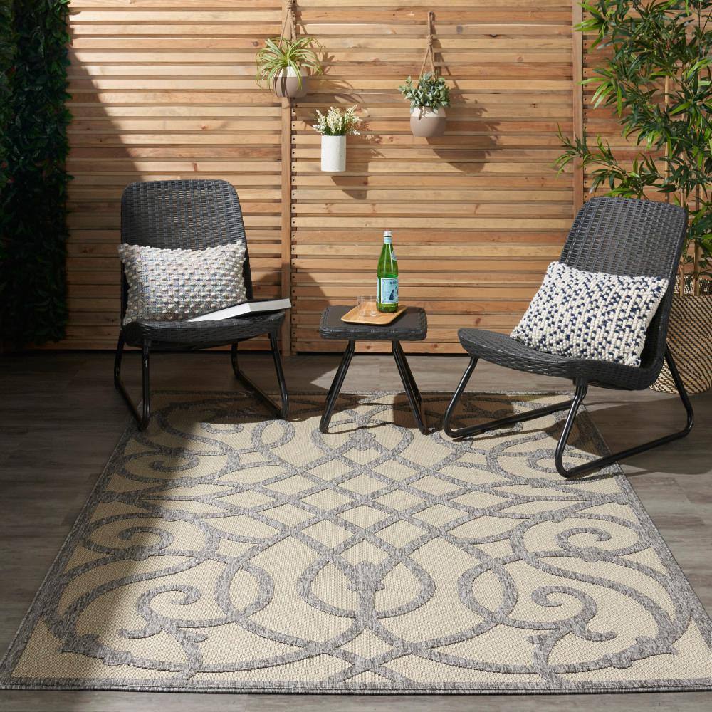 Palamos Cream Grey Geometric Synthetic 6' x 9' Indoor/Outdoor Rug
