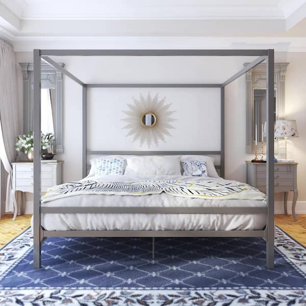 Metal Gray King Canopy Bed, Iron Canopy Bed King Size