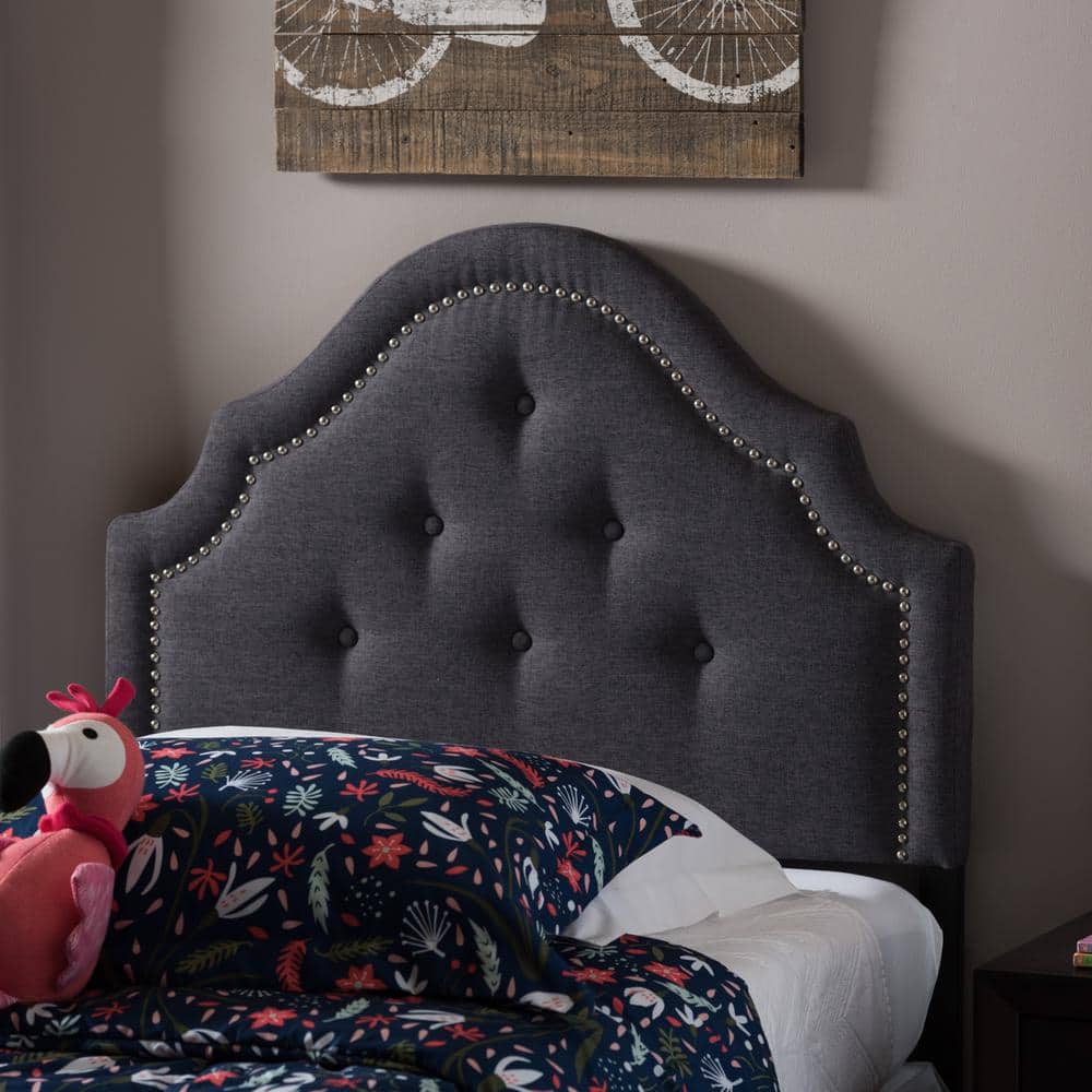 Queen Dark Gray Tufted Upholstered Headboard with Nailhead Trim