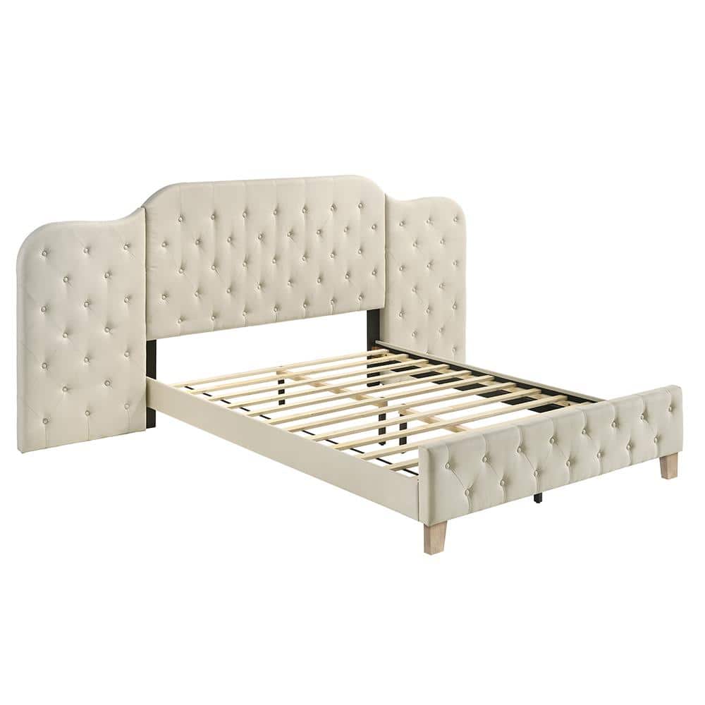 Beige Linen Upholstered Queen Bed with Tufted Headboard and Storage Drawer