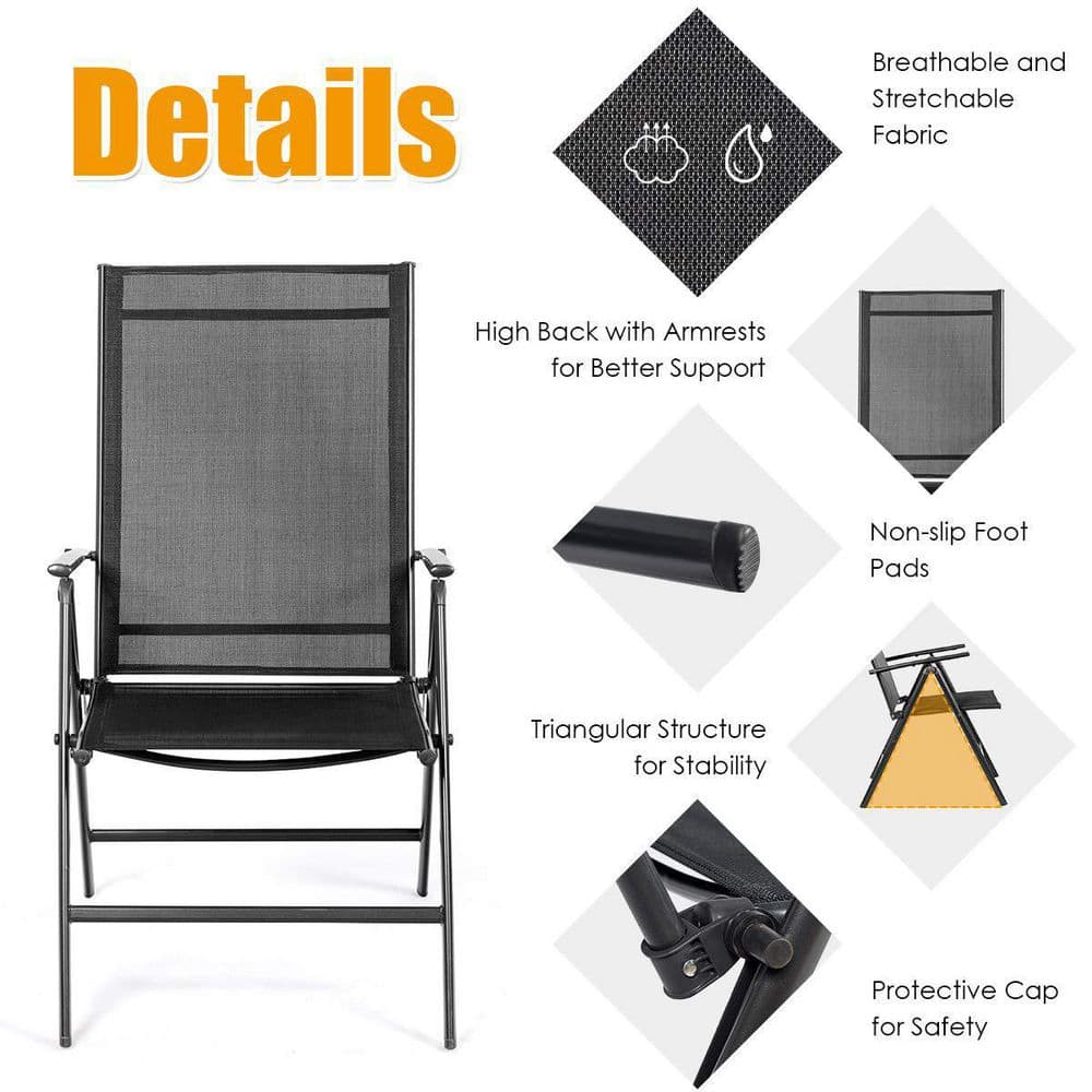 Set of 2 Black Adjustable Folding Patio Dining Chairs