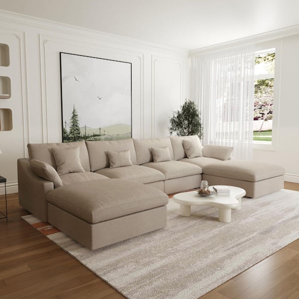 155.9 in. 6-Piece Linen Modular Free Combination Sectional Sofa with Removeble Ottoman and Covers Brown 6-Seat
