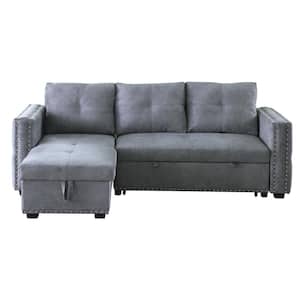 91 in. W Gray Velvet Full Size Sofa Bed Reversible Sectional Sofa for Living Room 3-Seat Storage Couch with Nailhead