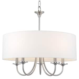 Quinn 60-Watt 5-Light Brushed Nickel Traditional Chandelier with White Shade, No Bulb Included