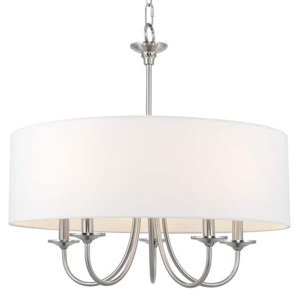 Kira Home Quinn 60-Watt 5-Light Brushed Nickel Traditional Chandelier with White Shade, No Bulb Included
