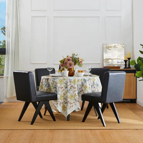 Glitzhome Mid-Century Modern Black Leatherette Solid Back Dining Chair with V-Shaped Solidwood Legs (Set of 2)