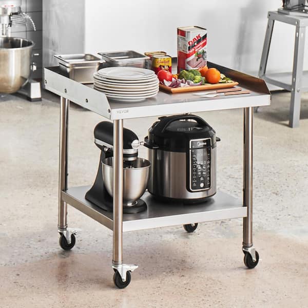 24 in. x 28 in. x 30 in. Stainless Steel Commercial Kitchen Prep Table with Casters 3-Sided Metal Table for Home, Silver