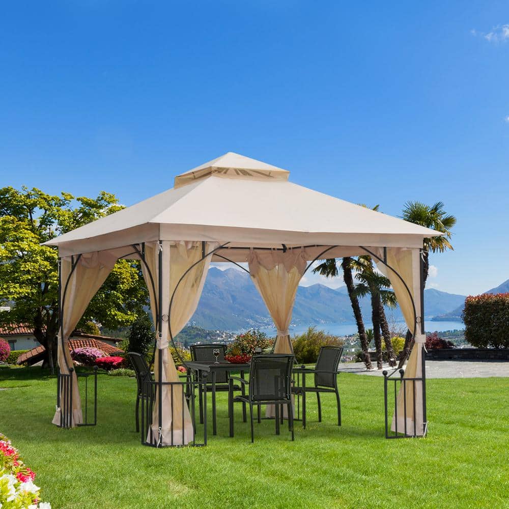 Beige 10' x 10' Steel Frame Patio Gazebo with Mesh Netting