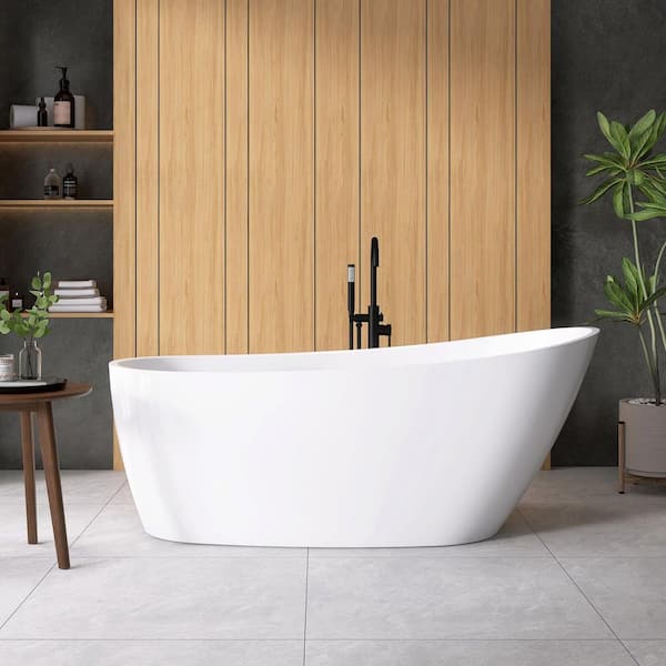 Lahore 59.1 in. x 29.1 in. Freestanding Acrylic Soaking Bathtub with Overflow and Drain in White