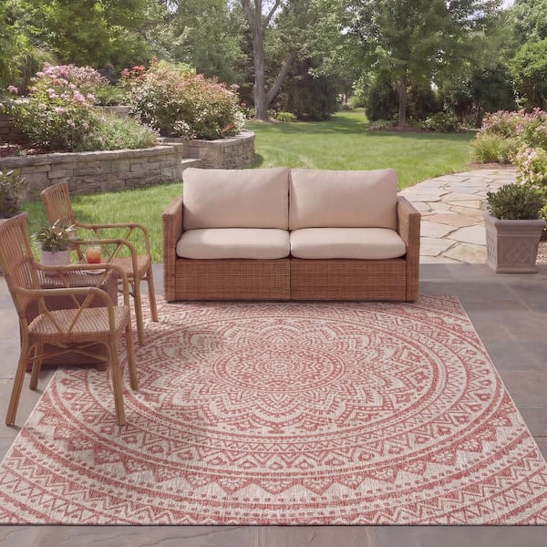 Courtyard Light Beige/Terracotta 8 ft. x 11 ft. Geometric Indoor/Outdoor Patio  Area Rug