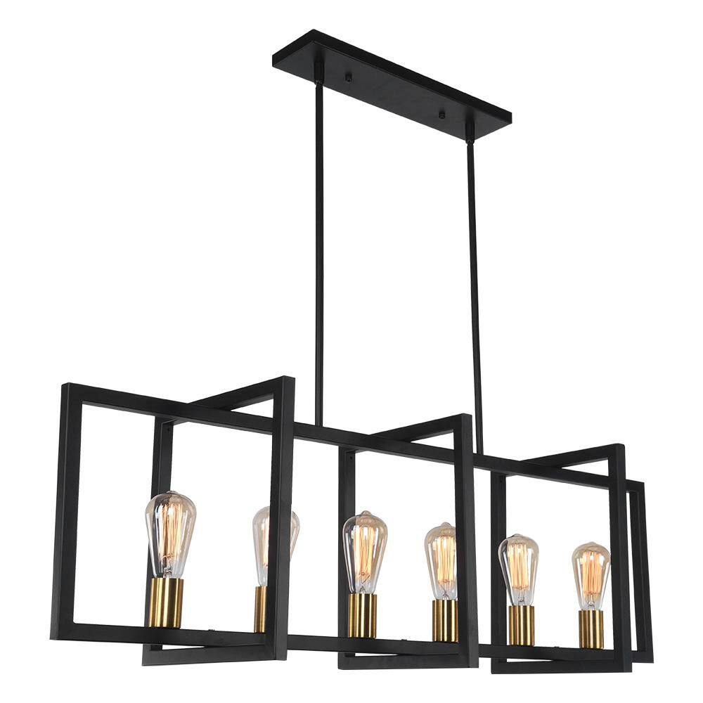 6-Light 43.3 in. W Matte Black Industrial Linear Cage Pendant Light with Gold Accents for Kitchen Island and Dining Room price history on PriceWatchPro