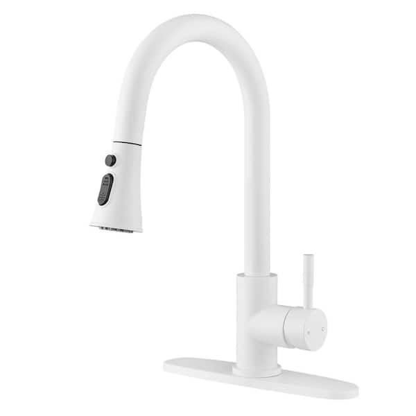 WELLFOR Single Handle Pull Down Sprayer Kitchen Faucet with Deckplate in Matte White