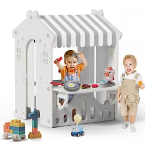 Gray Indoor/Outdoor Kids Playhouse with Cute Kids Pretend Play Kitchen Toys Set for Toddlers Aged 1-3