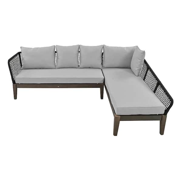 Black 2-Piece Sling Rope Waved Outdoor Patio Sectional Set Sofa Seating with Gray Cushions for Garden, Lawn, Poolside