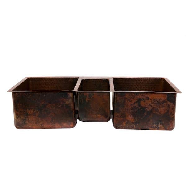 Under Counter/Surface-Mount Hammered Copper 42 in. 0-Hole Triple Bowl Kitchen Sink in Oil Rubbed Bronze