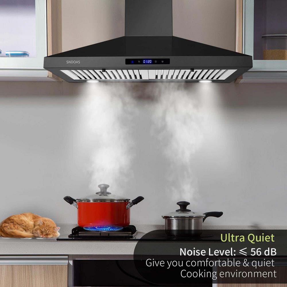 30 in. 350CFM Ducted Insert Range Hood in Black Stainless Steel Wall Mount Range Hood Tempered Glass LED Lights