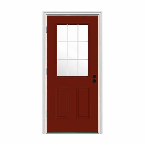 JELD-WEN 34 in. x 80 in. 9 Lite Mesa Red Painted w/ White Interior Steel Prehung Right-Hand Outswing Back Door w/Brickmould