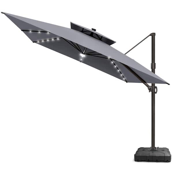11.5 ft. 2-Tier Metal Square 360° Rotation Outdoor Cantilever Patio Umbrella with Base with LED Lights in Gray