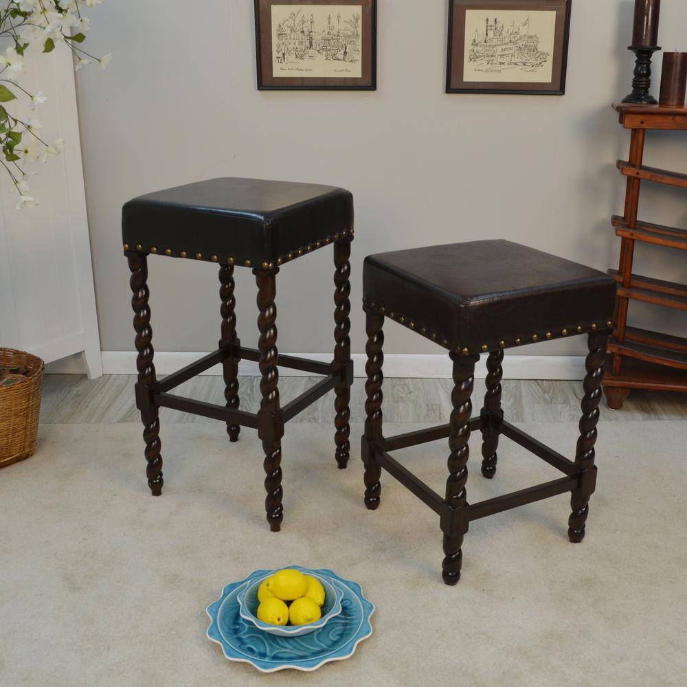 Espresso Brown Leatherette Backless Counter Stool with Nailhead Trim