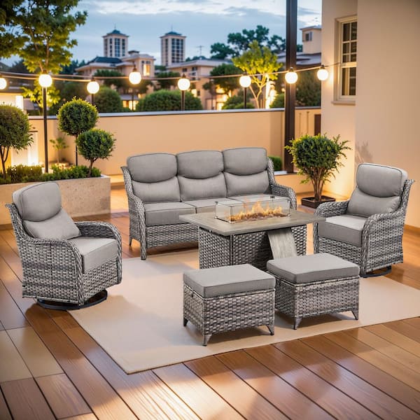 MoonLuxe Gray Wicker Fire Pit Conversation Set with Gray Olefin 6 in. Thick Cushions Patio Swivel Chairs (6-Piece)