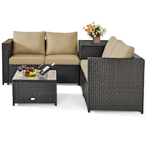 4-Piece Wicker Patio Conversation Set with Brown Cushions and Storage Box