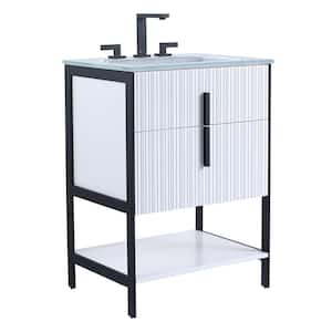 24 in. W x 18 in. D x 33.5 in. H Bath Vanity in White Matte with Glass Vanity Top in White With Black Hardware