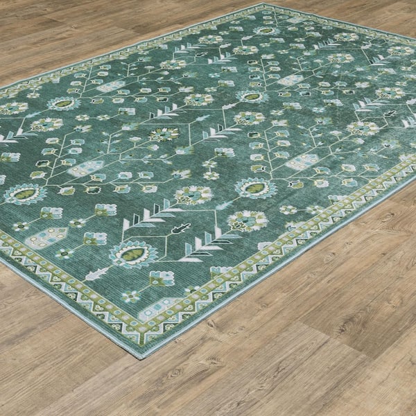 10 ft. x 13 ft. Teal/Green Atlantis Traditional Floral Polyester Machine Washable Indoor Area Rug