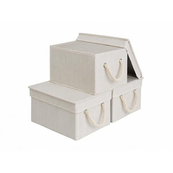 Fabric Ivory and White Medium Decorative Storage Bins with Lids