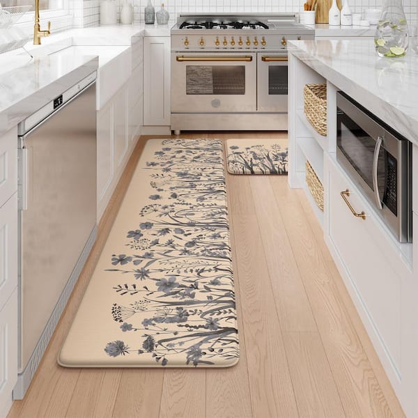 Farmhouse Brown Floral Washable Anti-Fatigue Kitchen Mat Set (17.3 in. x 59 in. and 17.3 in. x 29 in.)