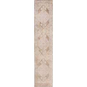 Astra Machine Washable Beige 2 ft. x 8 ft. Center medallion Traditional Runner Area Rug