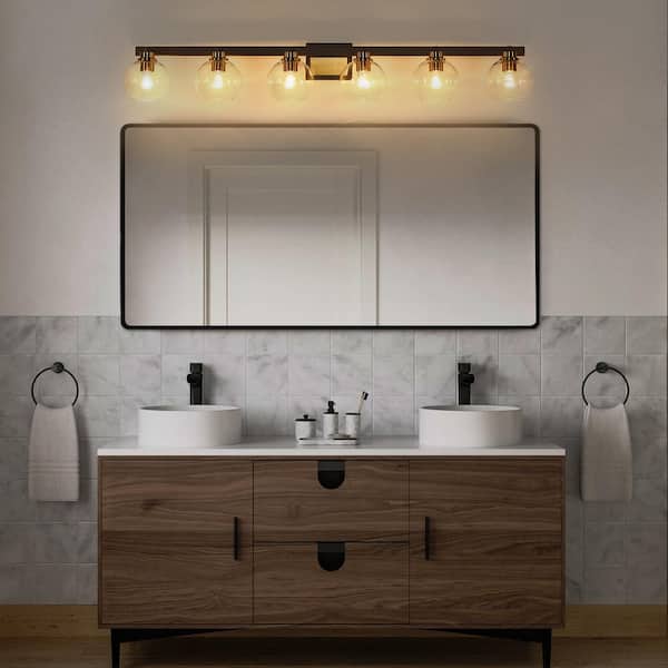 51.25 in. 6-Light Matte Black and Gold Bathroom Vanity Light with Clear Globe Glass Shades