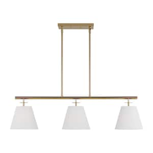 Crestgrove 3-Light Satin Brass Linear Chandelier with White Linen Shades