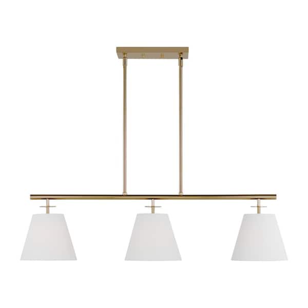 Generation Lighting Crestgrove 3-Light Satin Brass Linear Chandelier with White Linen Shades