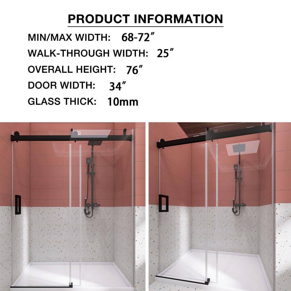 72'' Matte Black Frameless Sliding Shower Door with Clear Glass