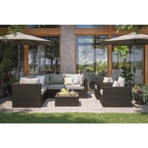 Cape Shore Brown 4-Piece Wicker Rattan Outdoor Sectional and 2 Chairs with Gray Cushions and Table