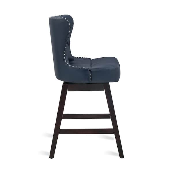 Zola 26 in. Navy Blue Wood Frame Counter Bar Stool Faux Leather Upholstered Swivel Bar Stool Set of 6
