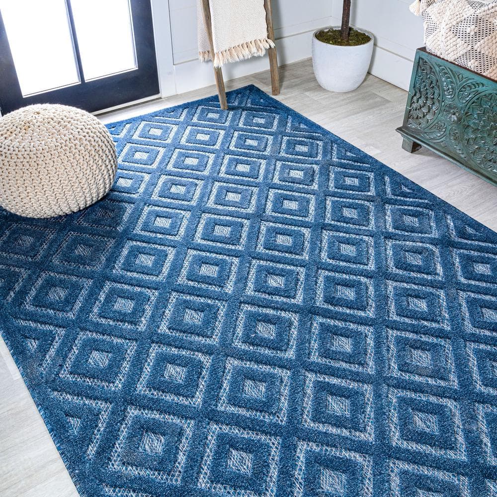 Navy Geometric Synthetic Rectangular Indoor/Outdoor Area Rug