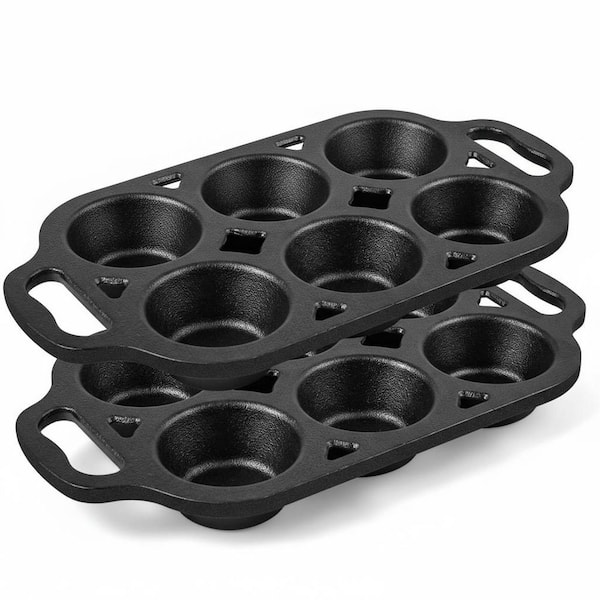 Pre-Seasoned 6-Cup Cast Iron Muffin Pan Nonstick Cupcake Pan Even Heat Baking 2 Piece Set