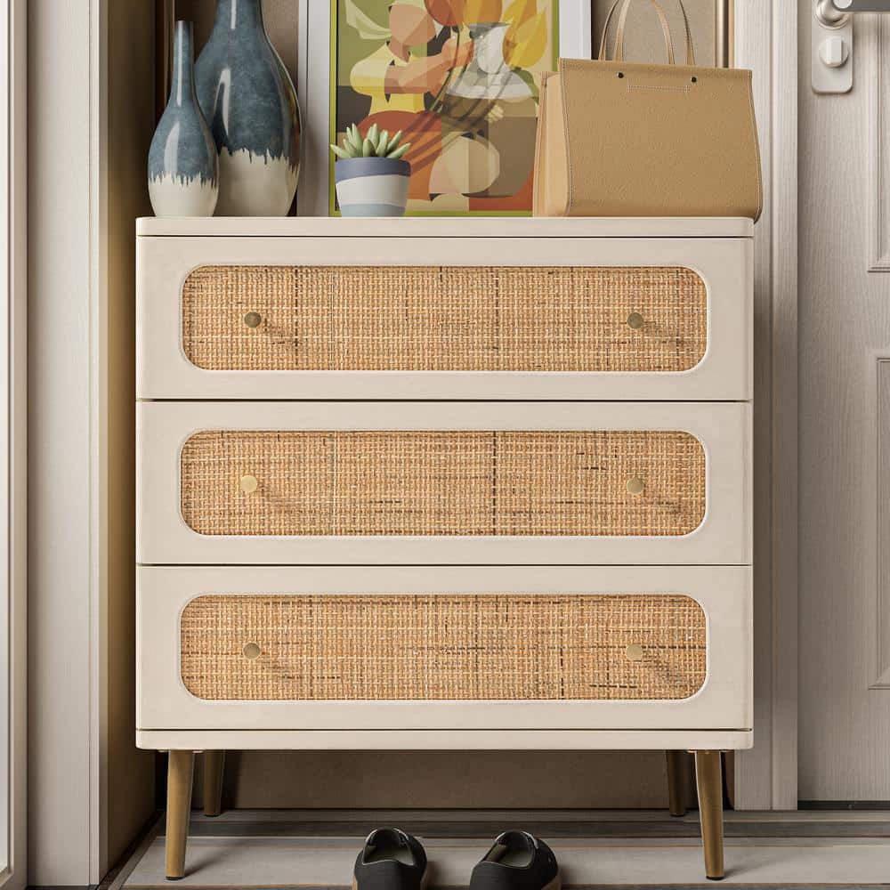 White and Natural Rattan 3-Drawer Mid-Century Modern Chest