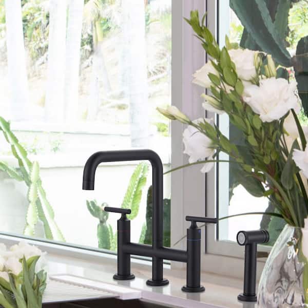 Brass Double Handle Bridge Kitchen Faucet, Deck Mount Kitchen Sink Faucet with Side Sprayer in Matte Black
