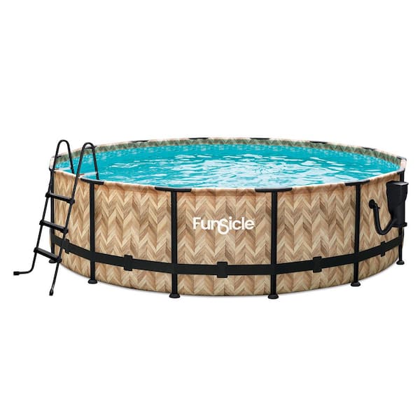14 ft. Round 42 in. Deep Metal Frame Above Ground Pool, Oak Herringbone