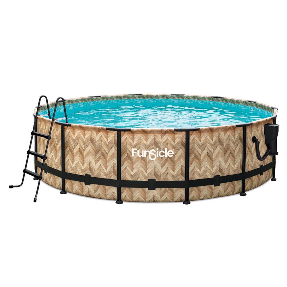 14ft Round Oak Herringbone Metal Frame Pool with Filter Pump