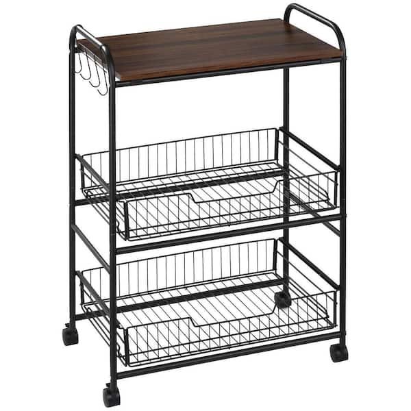 3 Tier Rolling Kitchen Cart with Storage, Kitchen Island Cart on Wheels with 2-Sliding Fruit Basket in Walnut