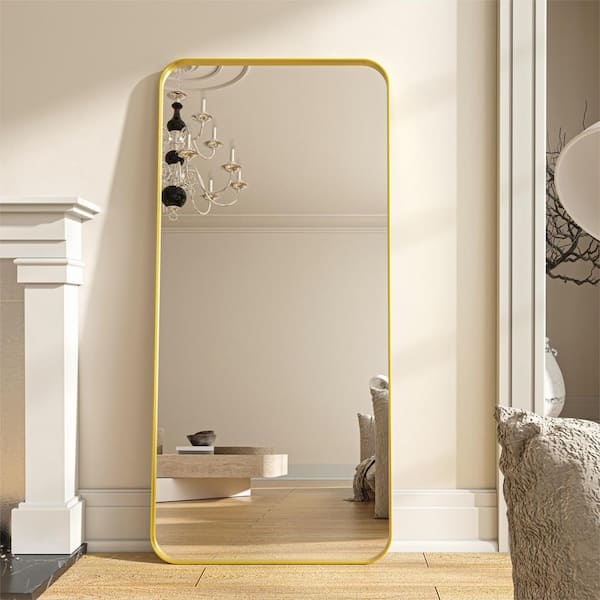 ORGANNICE 28 in. W x 60 in. H Gold Aluminum Framed Rounded Wall Mount Full Length Mirror