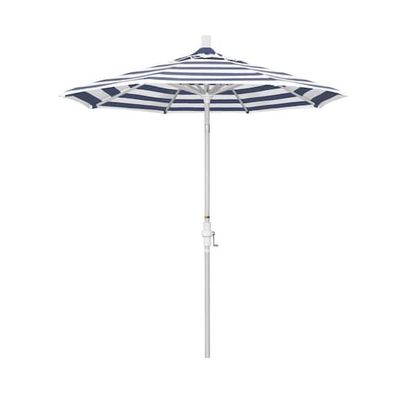 California Umbrella 7.5 ft. Matted White Aluminum Market Patio Umbrella Collar Tilt Crank Lift in Navy White Cabana Olefin