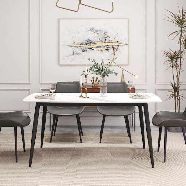 63 in. White Round Edge Sintered Stone with Black Metal 4-Legs Dining Table (Seats 6)