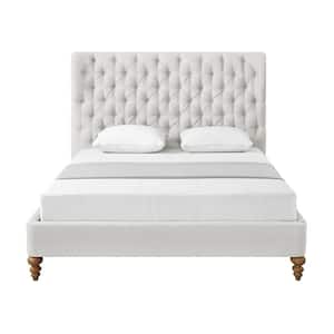 Cream White Belrose Linen Twin Bed Frame with Tufted Headboard
